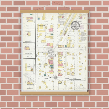 Old map wall art mockup — magnetic wood frame on brick wall — Sanborn Fire Insurance Map from Brown City, Sanilac County, Michigan (1909), Sheet #0001
