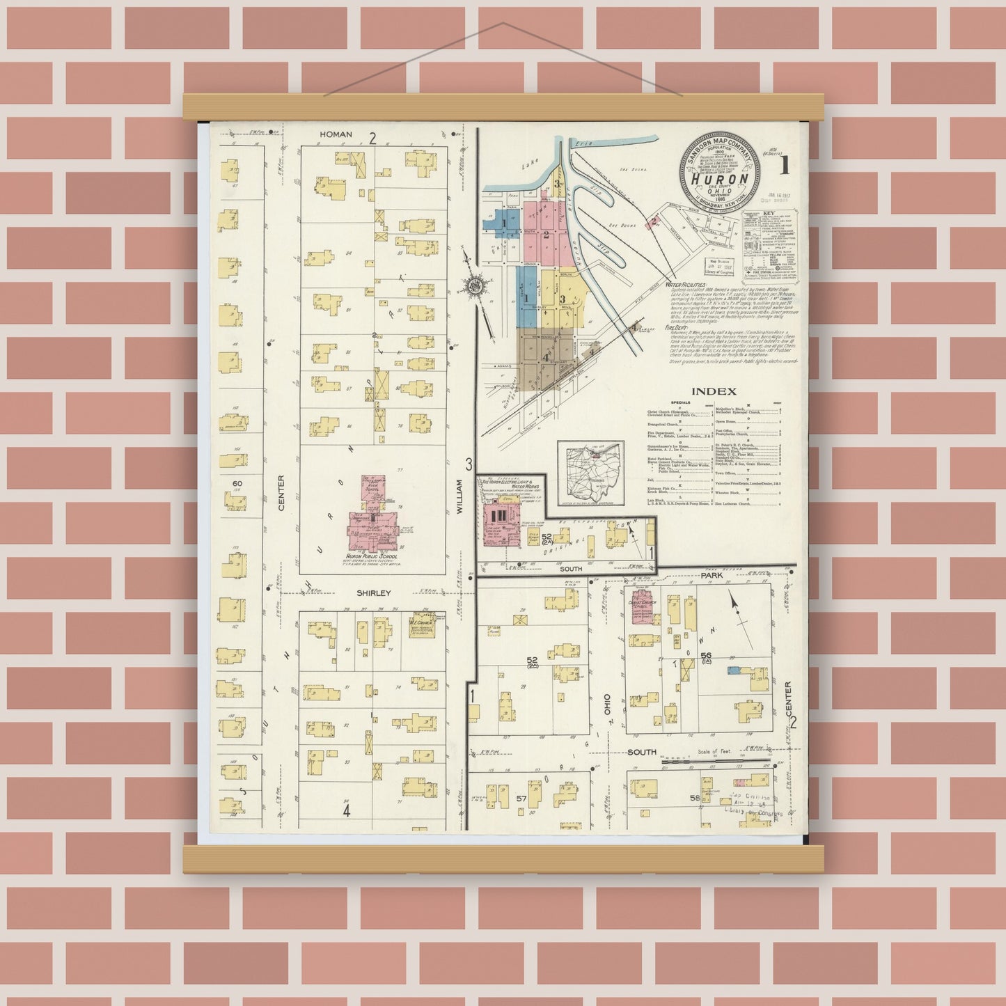 Old map wall art mockup — magnetic wood frame on brick wall — Sanborn Fire Insurance Map from Huron, Erie County, Ohio (1916), Sheet #0001