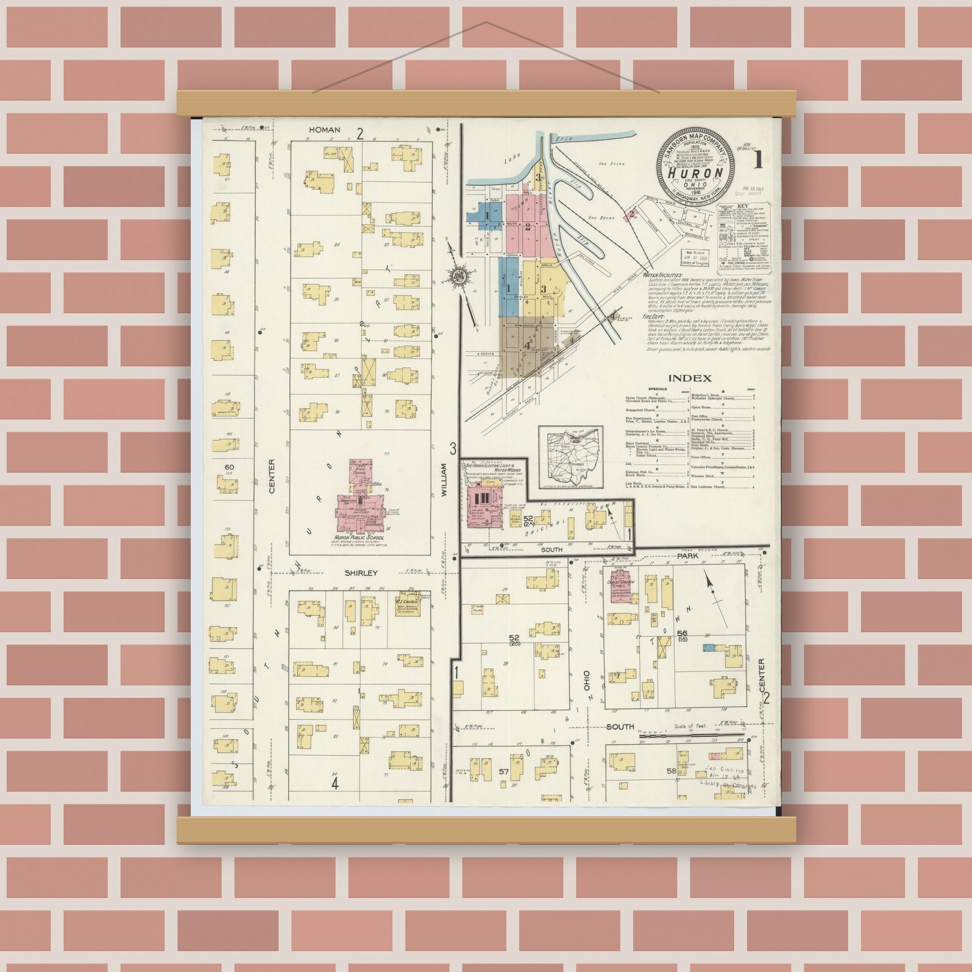 Old map wall art mockup — magnetic wood frame on brick wall — Sanborn Fire Insurance Map from Huron, Erie County, Ohio (1916), Sheet #0001