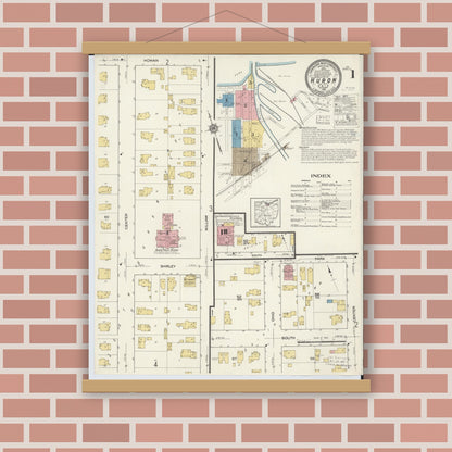 Old map wall art mockup — magnetic wood frame on brick wall — Sanborn Fire Insurance Map from Huron, Erie County, Ohio (1916), Sheet #0001