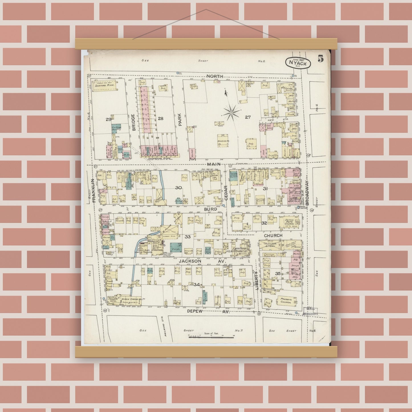 Old map wall art mockup — magnetic wood frame on brick wall — Sanborn Fire Insurance Map from Nyack, Rockland County, New York. (1887), Sheet #0005