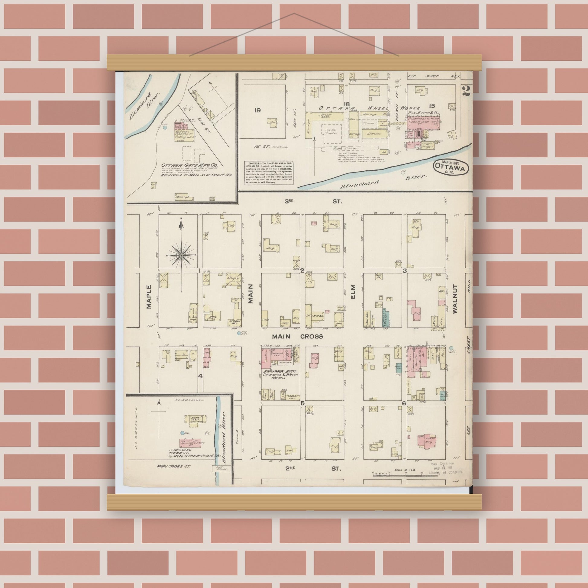 Old map wall art mockup — magnetic wood frame on brick wall — Sanborn Fire Insurance Map from Ottawa, Putnam County, Ohio (1884), Sheet #0002
