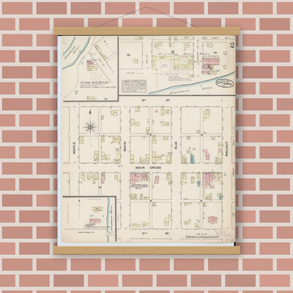Old map wall art mockup — magnetic wood frame on brick wall — Sanborn Fire Insurance Map from Ottawa, Putnam County, Ohio (1884), Sheet #0002