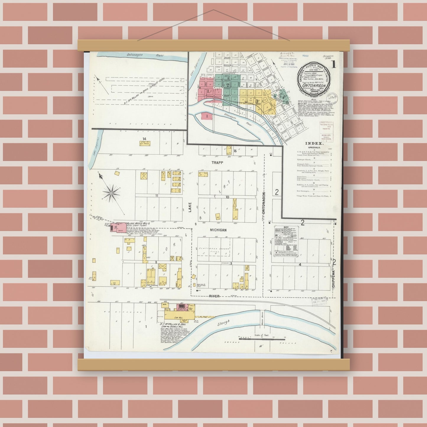 Old map wall art mockup — magnetic wood frame on brick wall — Sanborn Fire Insurance Map from Ontonagon, Ontonagon County, Michigan (1900) - Complete Map Set