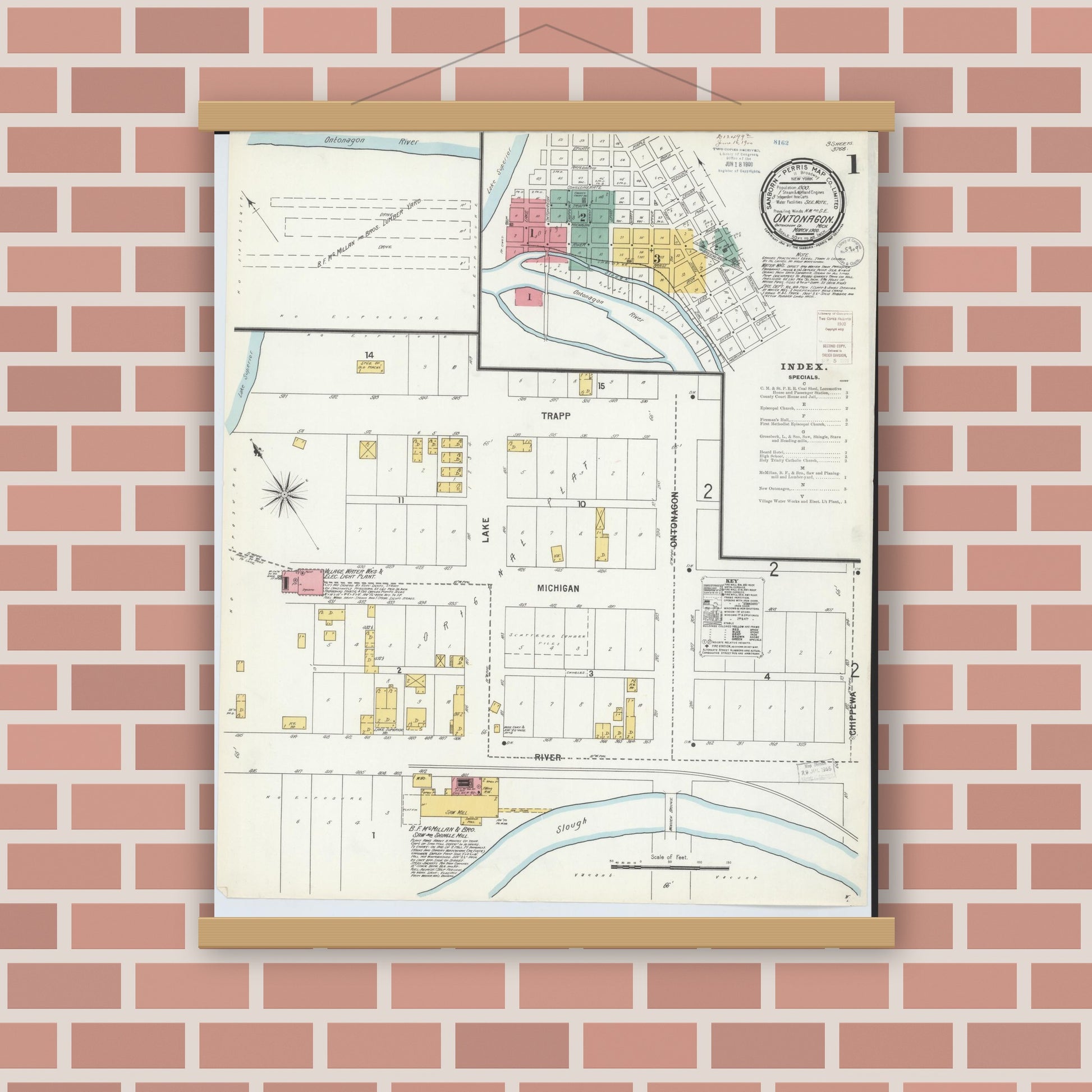 Old map wall art mockup — magnetic wood frame on brick wall — Sanborn Fire Insurance Map from Ontonagon, Ontonagon County, Michigan (1900) - Complete Map Set