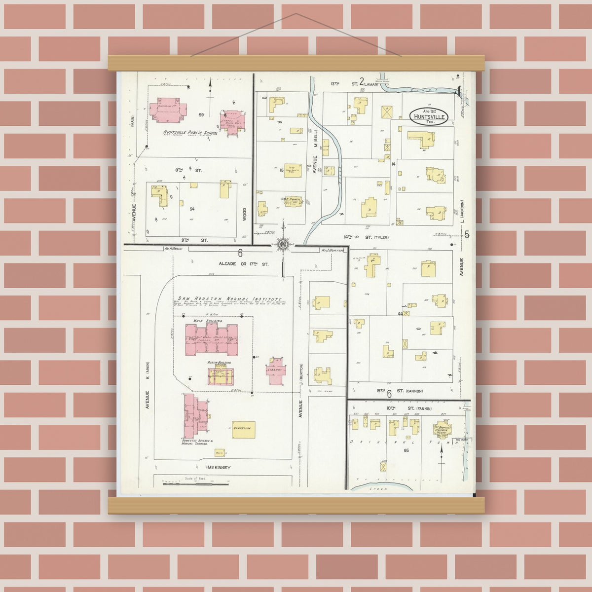 Old map wall art mockup — magnetic wood frame on brick wall — Sanborn Fire Insurance Map from Huntsville, Walker County, Texas (1912), Sheet #0004