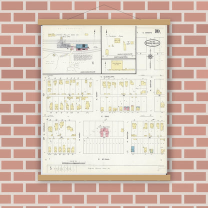 Old map wall art mockup — magnetic wood frame on brick wall — Sanborn Fire Insurance Map from Spring Valley, Bureau County, Illinois (1913), Sheet #0010