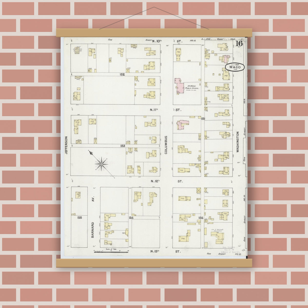 Old map wall art mockup — magnetic wood frame on brick wall — Sanborn Fire Insurance Map from Waco, McLennan County, Texas (1889), Sheet #0016