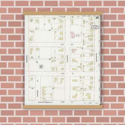 Old map wall art mockup — magnetic wood frame on brick wall — Sanborn Fire Insurance Map from Waco, McLennan County, Texas (1889), Sheet #0016