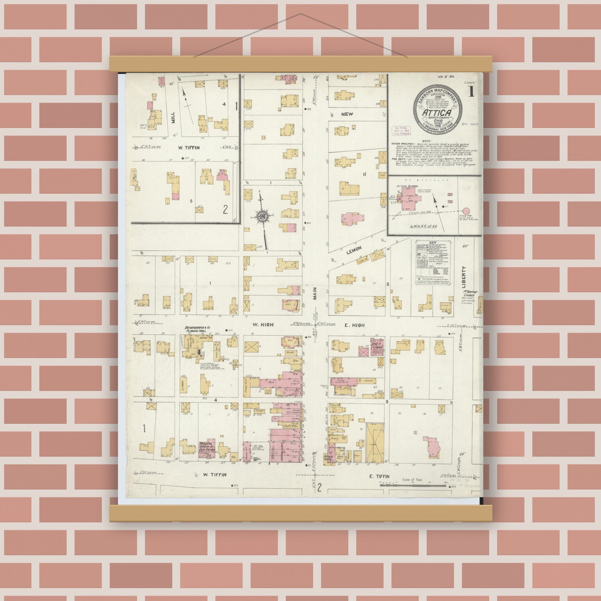 Old map wall art mockup — magnetic wood frame on brick wall — Sanborn Fire Insurance Map from Attica, Seneca County, Ohio (1912), Sheet #0001