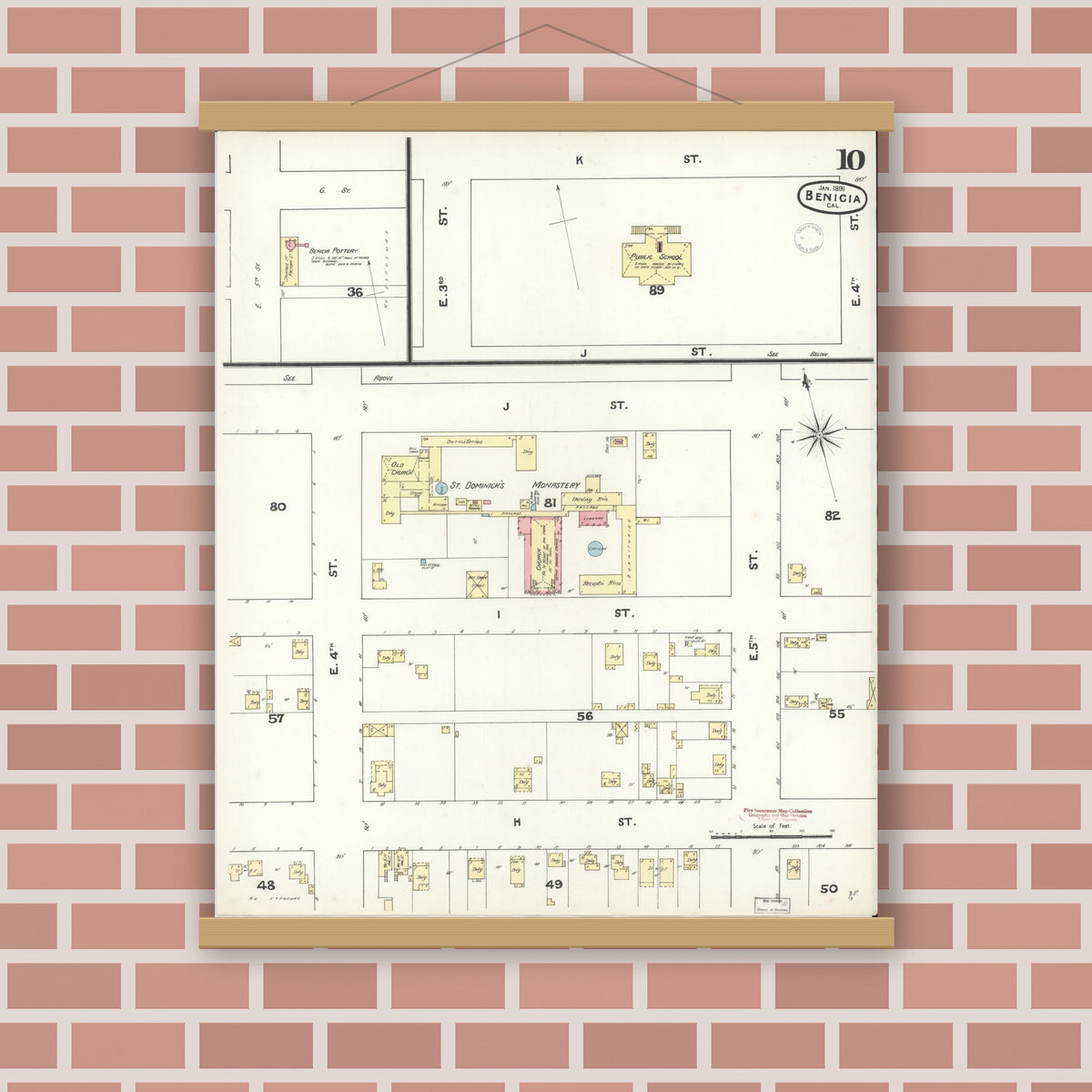 Old map wall art mockup — magnetic wood frame on brick wall — Sanborn Fire Insurance Map from Benicia, Solano County, California (1891), Sheet #0010