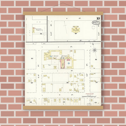 Old map wall art mockup — magnetic wood frame on brick wall — Sanborn Fire Insurance Map from Benicia, Solano County, California (1891), Sheet #0010