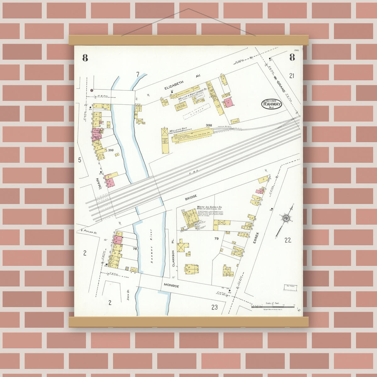 Old map wall art mockup — magnetic wood frame on brick wall — Sanborn Fire Insurance Map from Rahway, Union County, New Jersey (1923), Sheet #0008