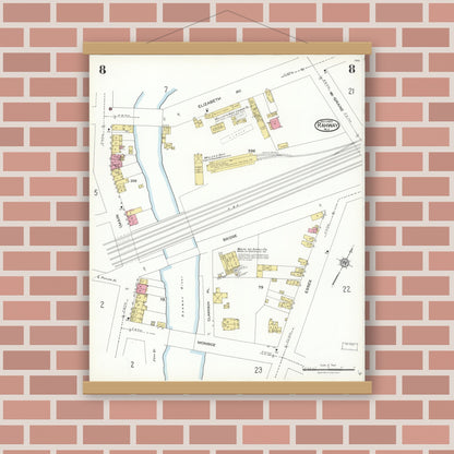 Old map wall art mockup — magnetic wood frame on brick wall — Sanborn Fire Insurance Map from Rahway, Union County, New Jersey (1923), Sheet #0008