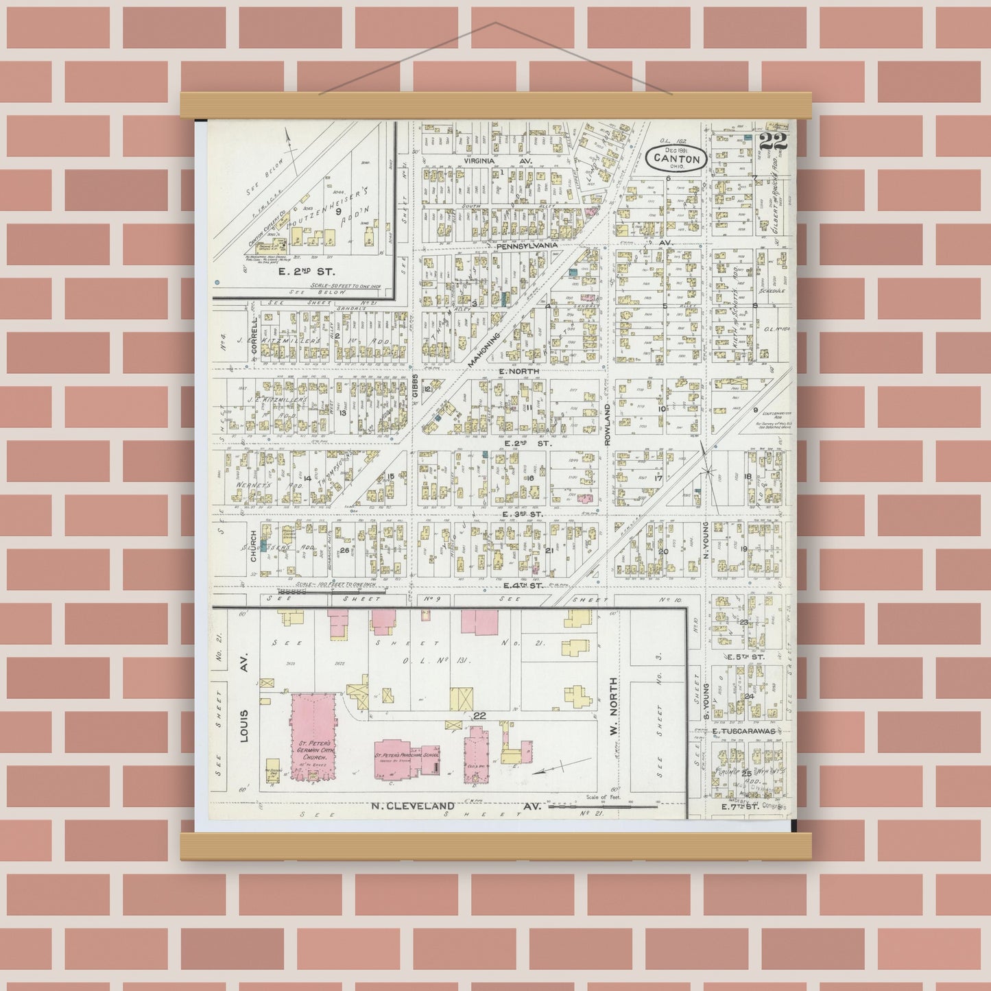 Old map wall art mockup — magnetic wood frame on brick wall — Sanborn Fire Insurance Map from Canton, Stark County, Ohio (1891), Sheet #0022