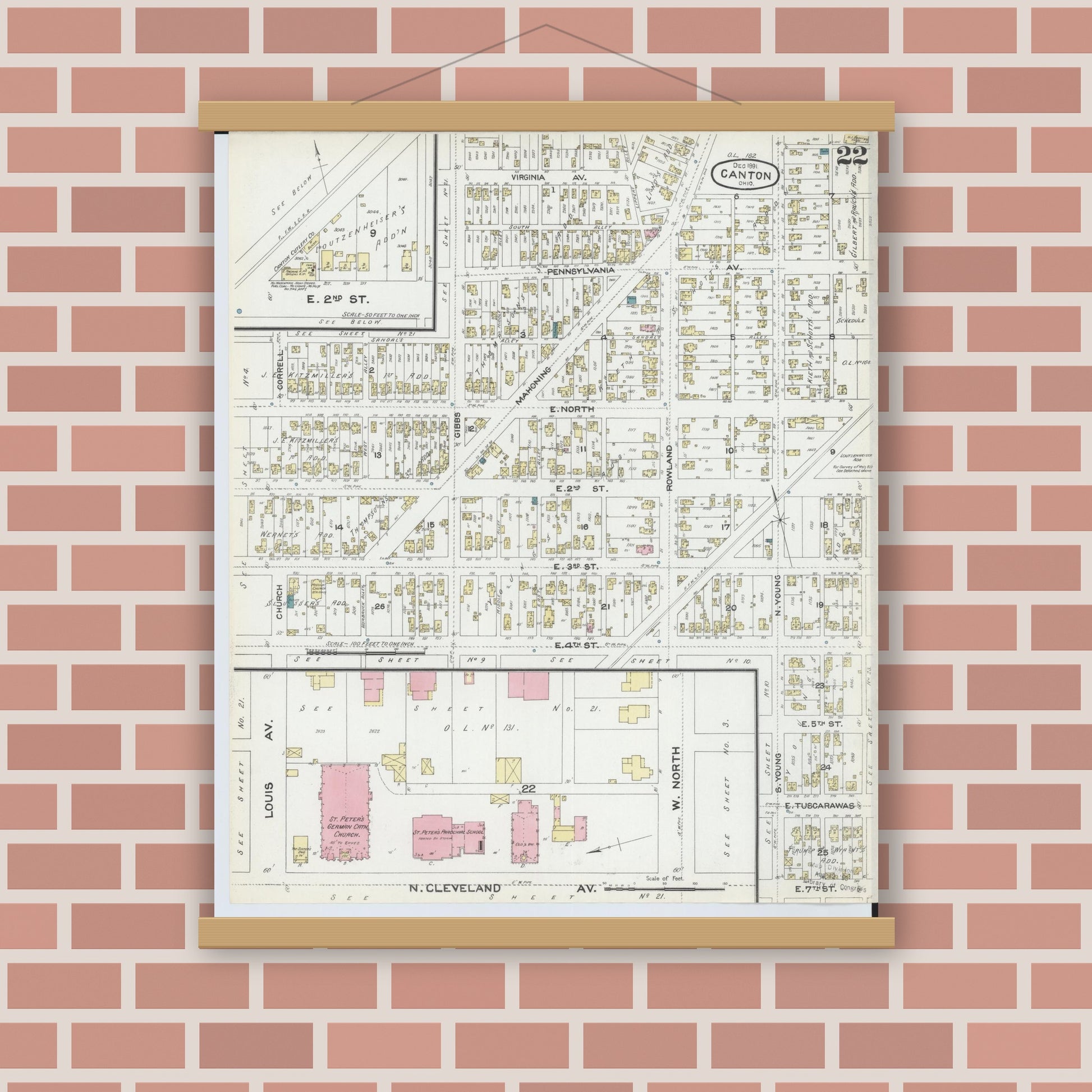 Old map wall art mockup — magnetic wood frame on brick wall — Sanborn Fire Insurance Map from Canton, Stark County, Ohio (1891), Sheet #0022
