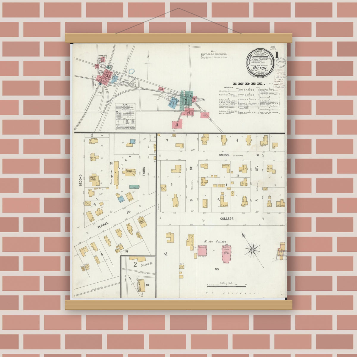 Old map wall art mockup — magnetic wood frame on brick wall — Sanborn Fire Insurance Map from Milton, Rock County, Wisconsin (1900) - Complete Map Set