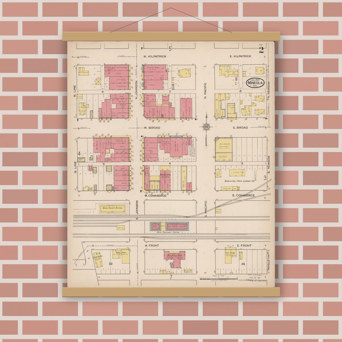 Old map wall art mockup — magnetic wood frame on brick wall — Sanborn Fire Insurance Map from Mineola, Wood County, Texas (1922), Sheet #0002