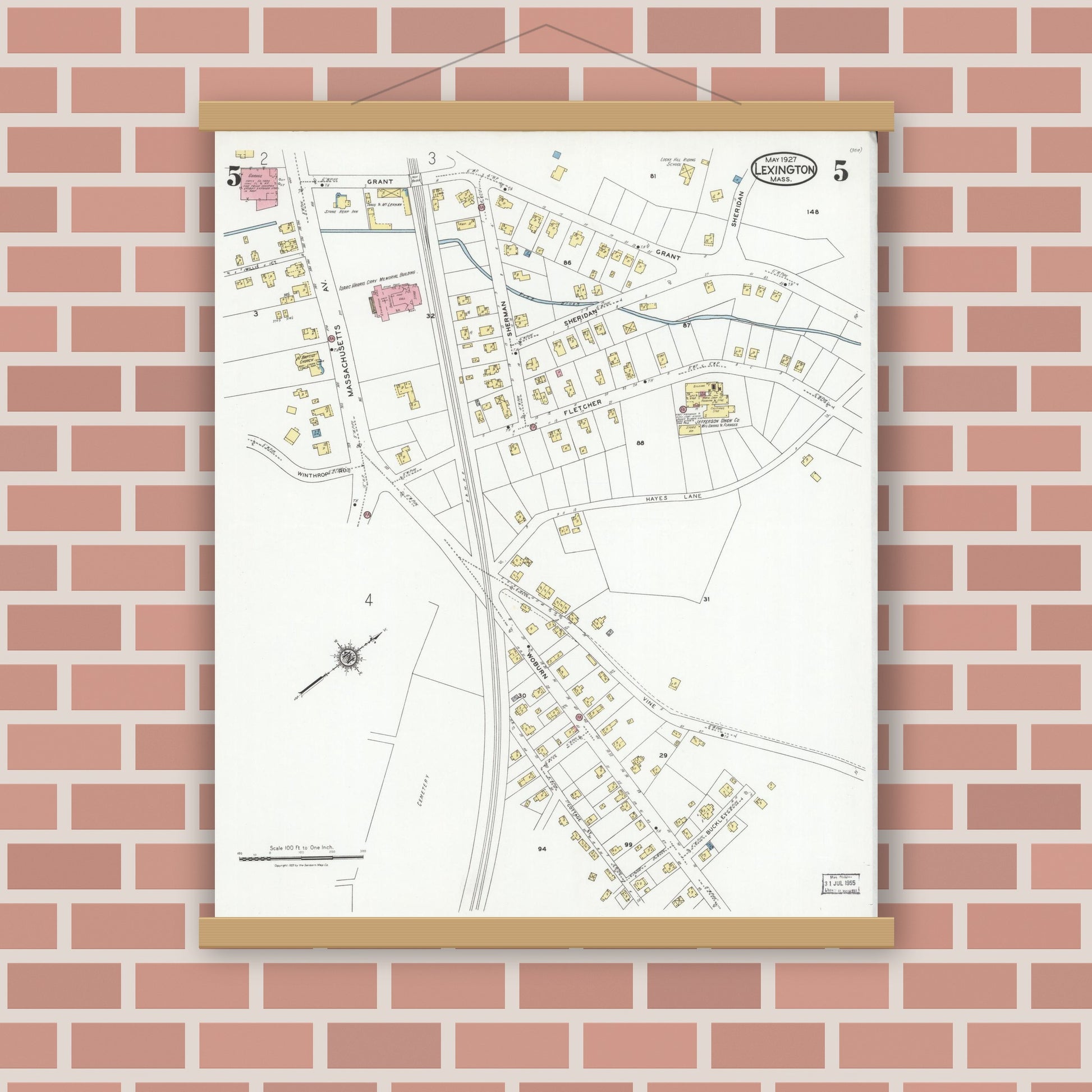 Old map wall art mockup — magnetic wood frame on brick wall — Sanborn Fire Insurance Map from Lexington, Middlesex County, Massachusetts (1927), Sheet #0005