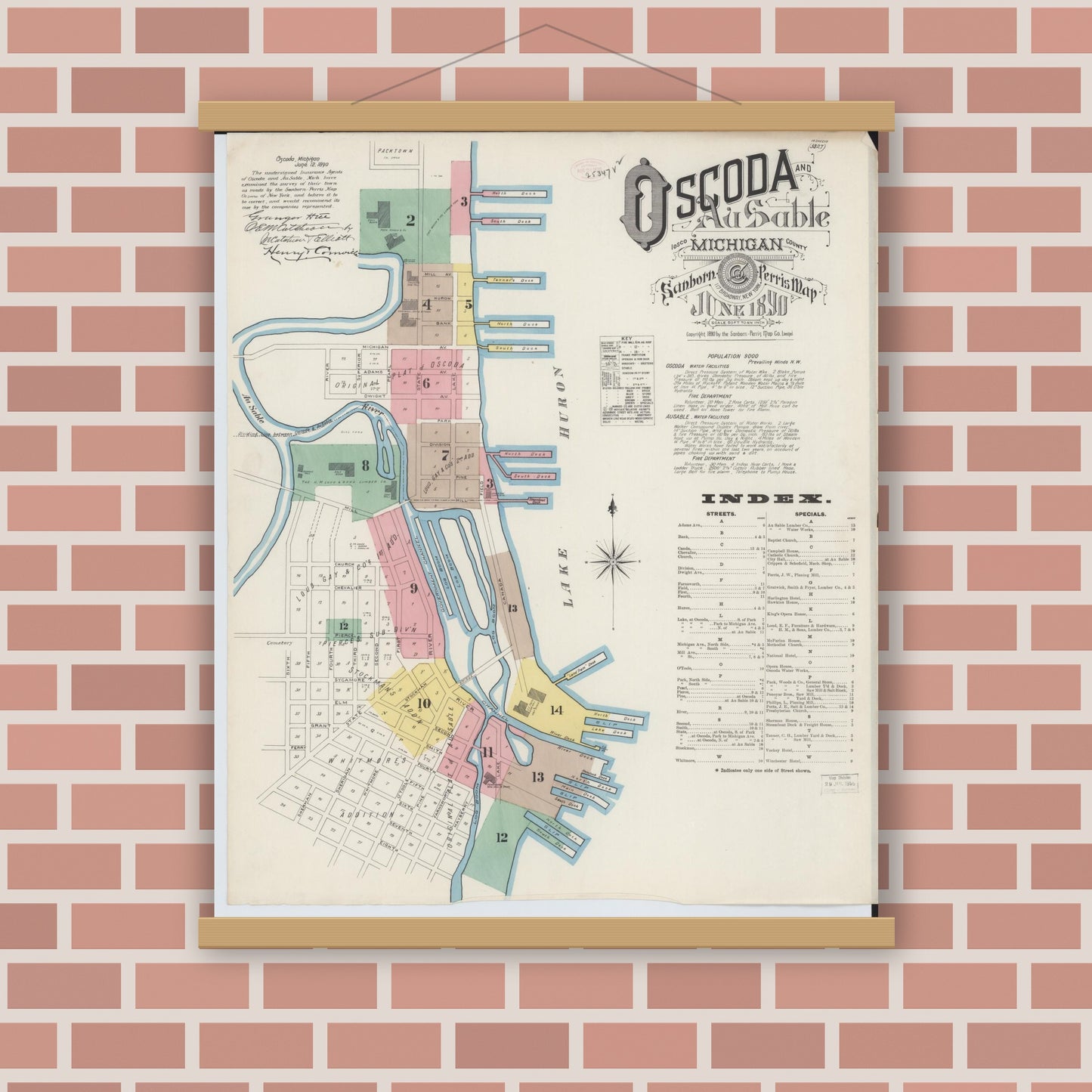 Old map wall art mockup — magnetic wood frame on brick wall — Sanborn Fire Insurance Map from Oscoda, Iosco County, Michigan (1890) - Complete Map Set
