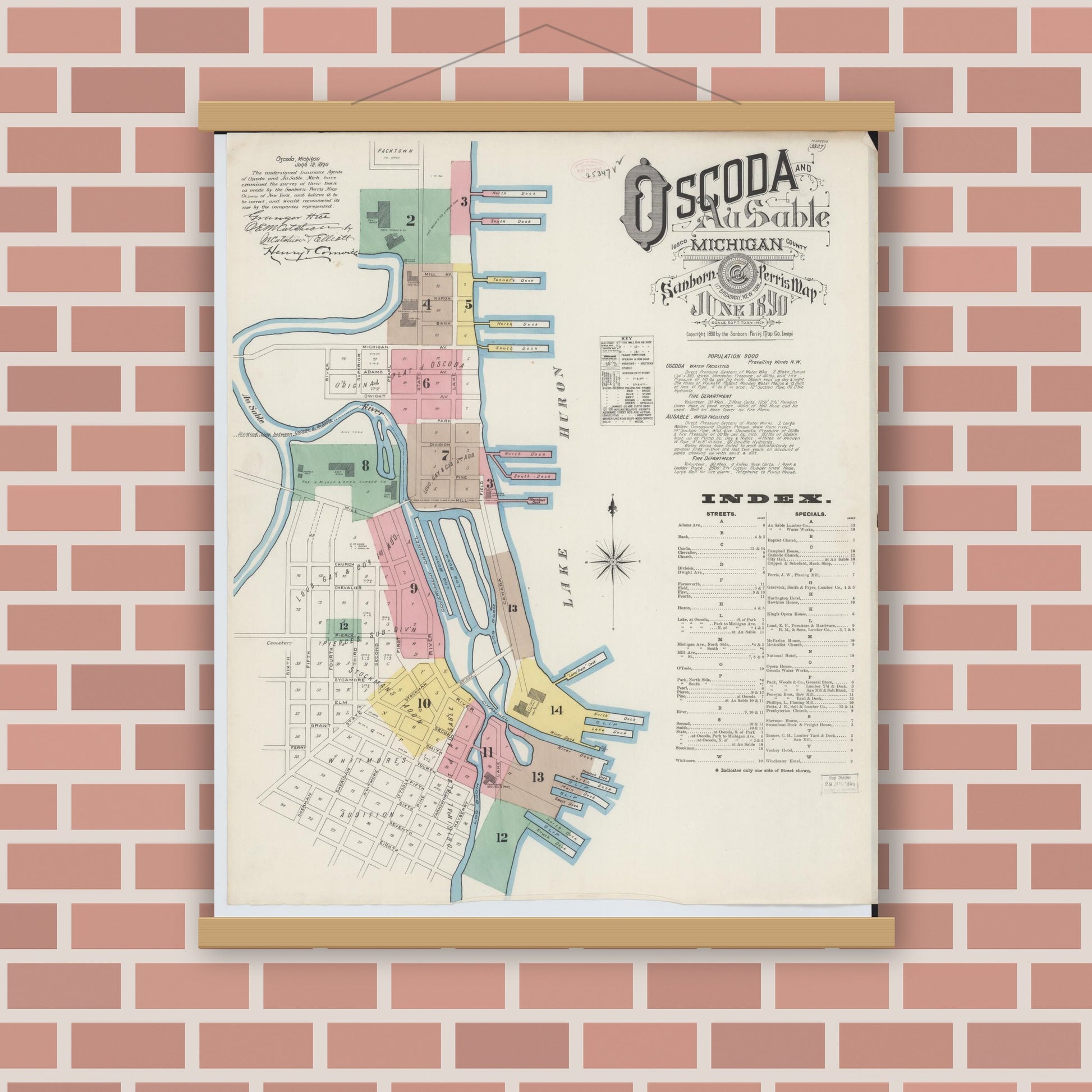 Old map wall art mockup — magnetic wood frame on brick wall — Sanborn Fire Insurance Map from Oscoda, Iosco County, Michigan (1890) - Complete Map Set