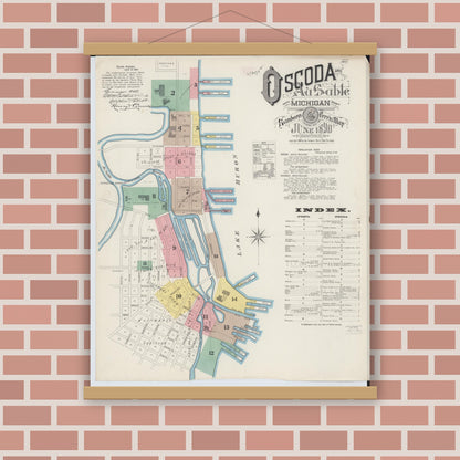 Old map wall art mockup — magnetic wood frame on brick wall — Sanborn Fire Insurance Map from Oscoda, Iosco County, Michigan (1890) - Complete Map Set