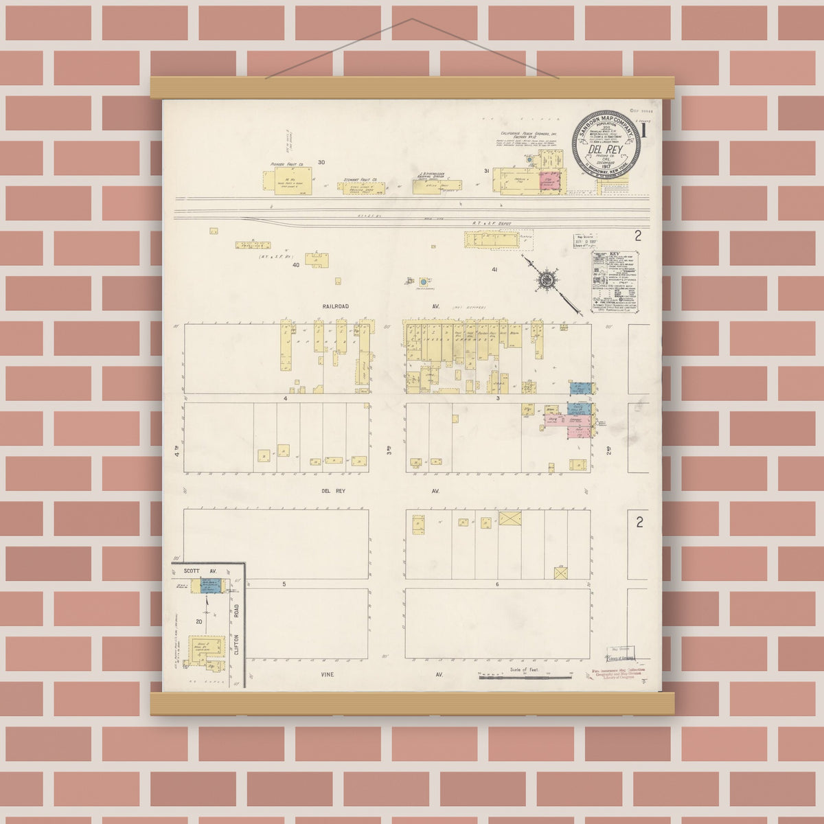 Old map wall art mockup — magnetic wood frame on brick wall — Sanborn Fire Insurance Map from Del Rey, Fresno County, California (1917), Sheet #0001