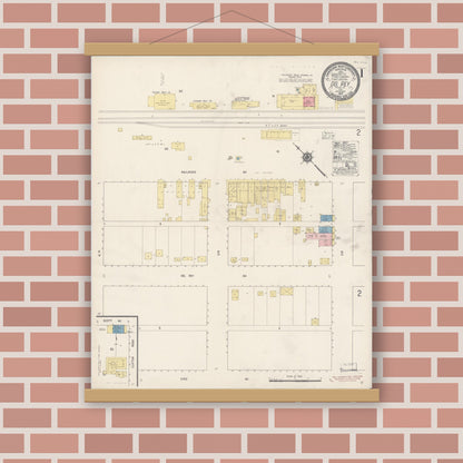 Old map wall art mockup — magnetic wood frame on brick wall — Sanborn Fire Insurance Map from Del Rey, Fresno County, California (1917), Sheet #0001