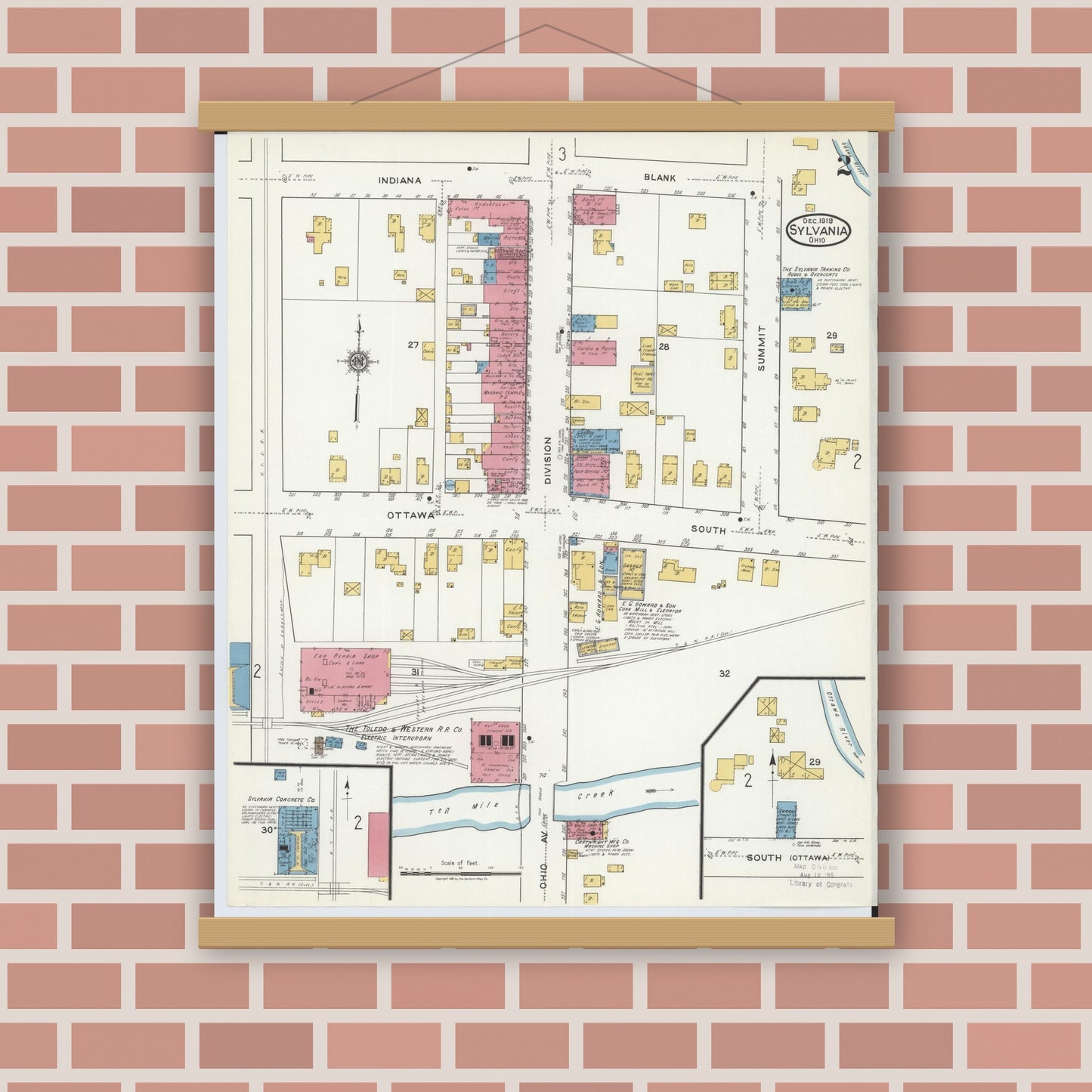 Old map wall art mockup — magnetic wood frame on brick wall — Sanborn Fire Insurance Map from Sylvania, Lucas County, Ohio (1919), Sheet #0002