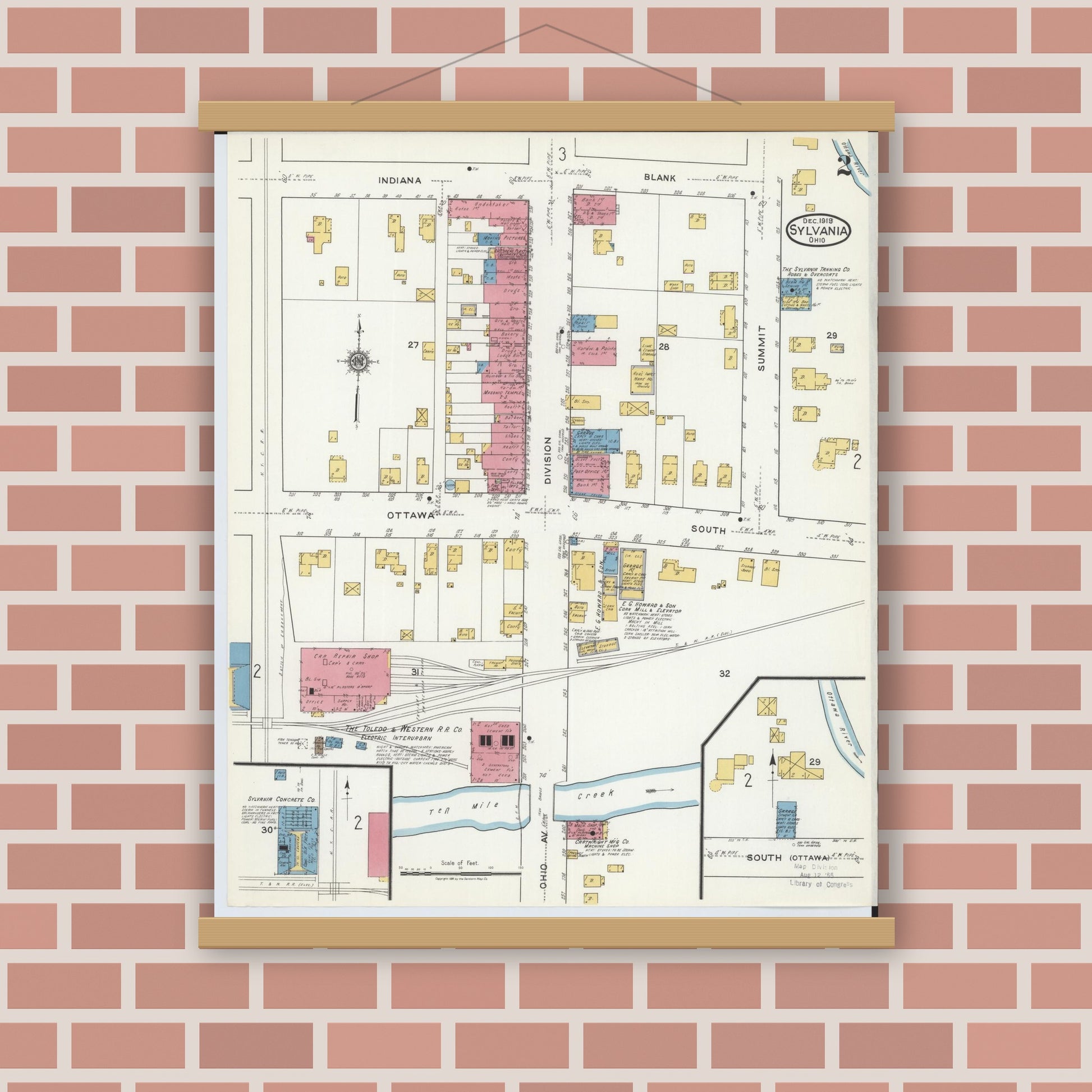 Old map wall art mockup — magnetic wood frame on brick wall — Sanborn Fire Insurance Map from Sylvania, Lucas County, Ohio (1919), Sheet #0002