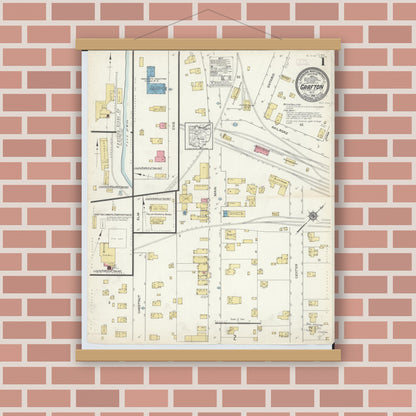 Old map wall art mockup — magnetic wood frame on brick wall — Sanborn Fire Insurance Map from Grafton, Lorain County, Ohio (1913), Sheet #0001