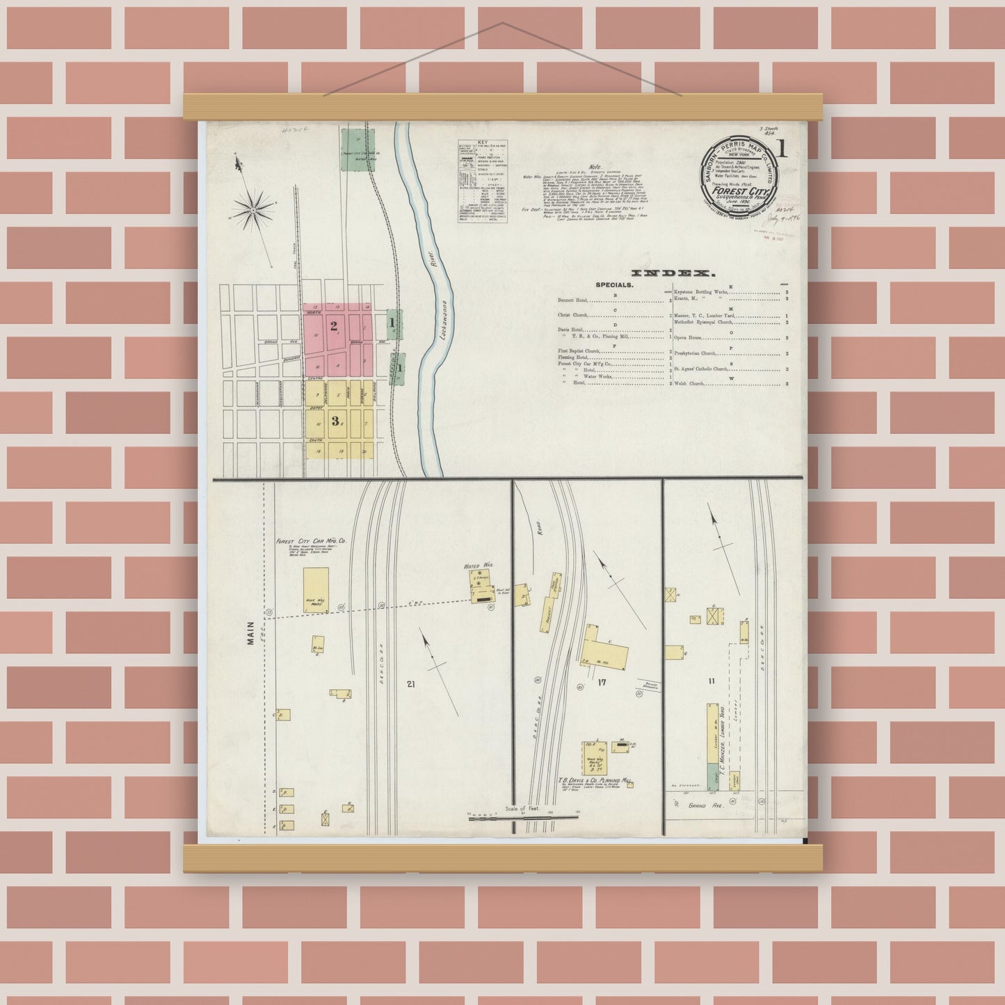 Old map wall art mockup — magnetic wood frame on brick wall — Sanborn Fire Insurance Map from Forest City, Susquehanna County, Pennsylvania (1896), Sheet #0001