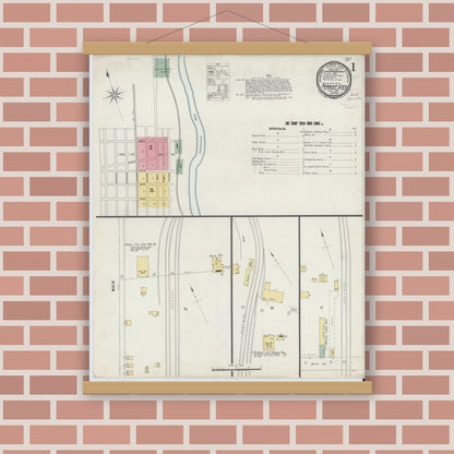 Old map wall art mockup — magnetic wood frame on brick wall — Sanborn Fire Insurance Map from Forest City, Susquehanna County, Pennsylvania (1896), Sheet #0001