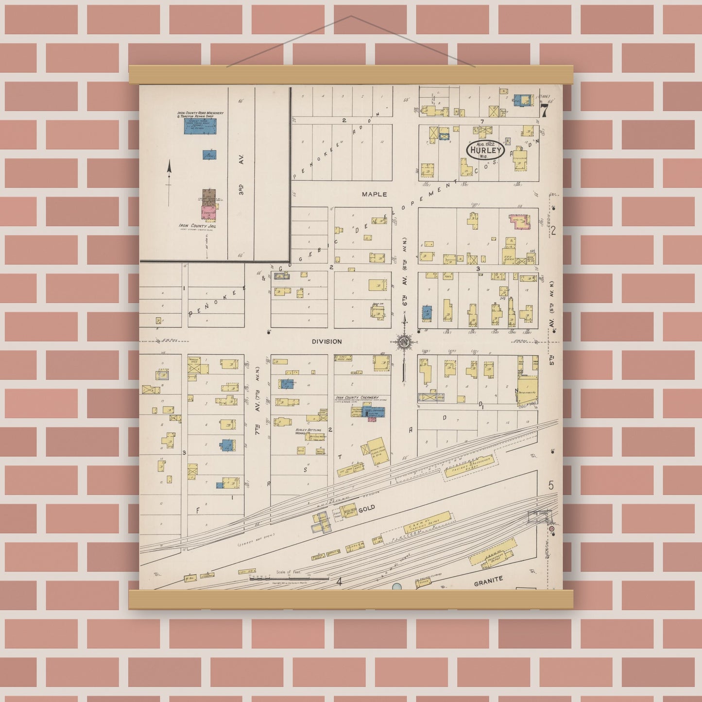Old map wall art mockup — magnetic wood frame on brick wall — Sanborn Fire Insurance Map from Hurley, Iron County, Wisconsin (1922), Sheet #0007