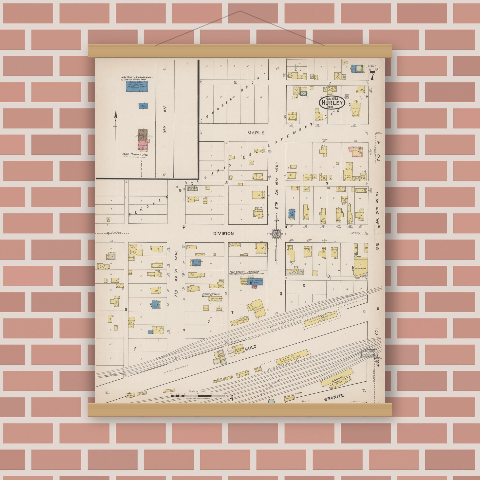 Old map wall art mockup — magnetic wood frame on brick wall — Sanborn Fire Insurance Map from Hurley, Iron County, Wisconsin (1922), Sheet #0007