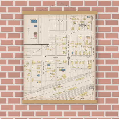Old map wall art mockup — magnetic wood frame on brick wall — Sanborn Fire Insurance Map from Hurley, Iron County, Wisconsin (1922), Sheet #0007