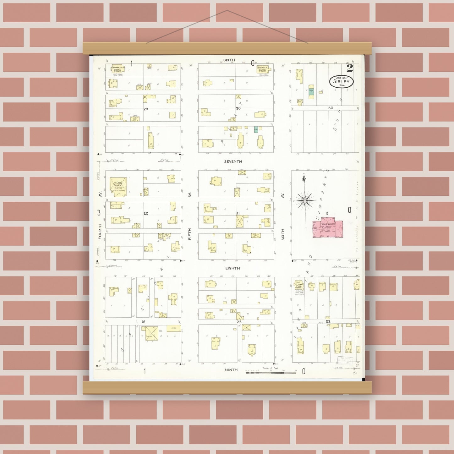 Old map wall art mockup — magnetic wood frame on brick wall — Sanborn Fire Insurance Map from Sibley, Osceola County, Iowa (1907), Sheet #0002
