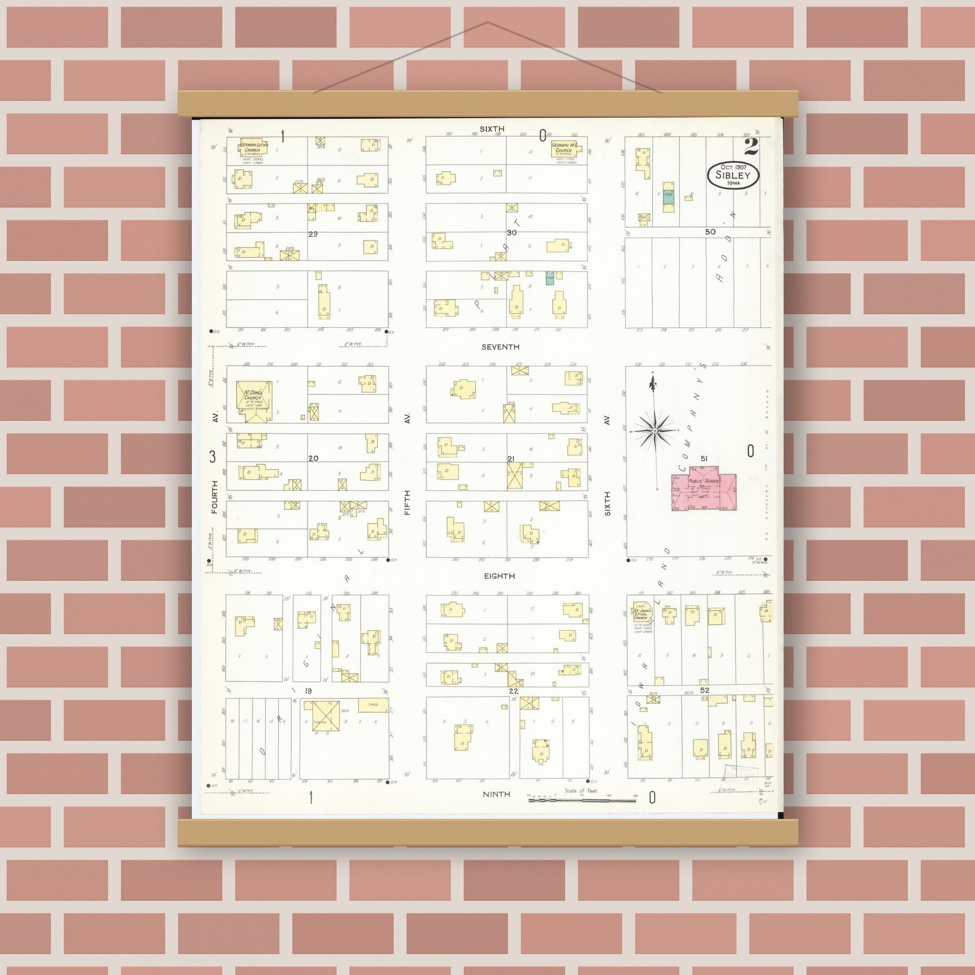 Old map wall art mockup — magnetic wood frame on brick wall — Sanborn Fire Insurance Map from Sibley, Osceola County, Iowa (1907), Sheet #0002