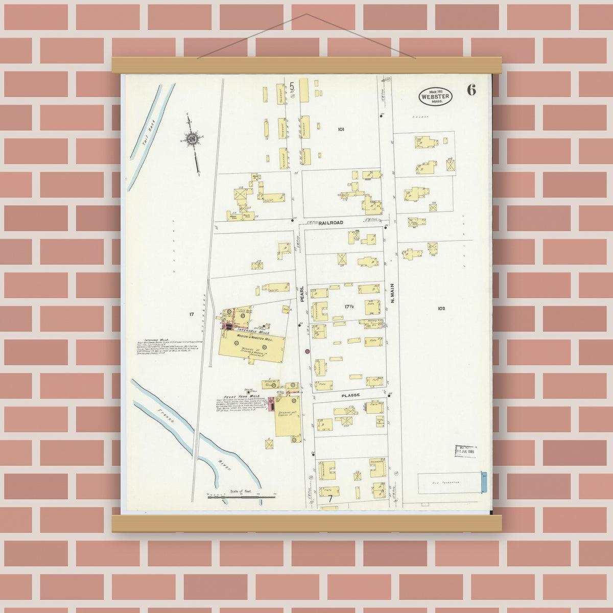 Old map wall art mockup — magnetic wood frame on brick wall — Sanborn Fire Insurance Map from Webster, Worcester County, Massachusetts (1911), Sheet #0006