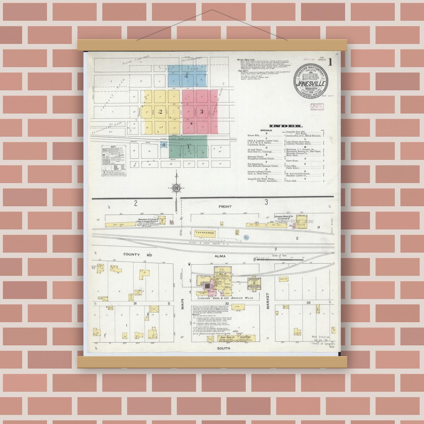 Old map wall art mockup — magnetic wood frame on brick wall — Sanborn Fire Insurance Map from Janesville, Waseca County, Minnesota (1910) - Complete Map Set
