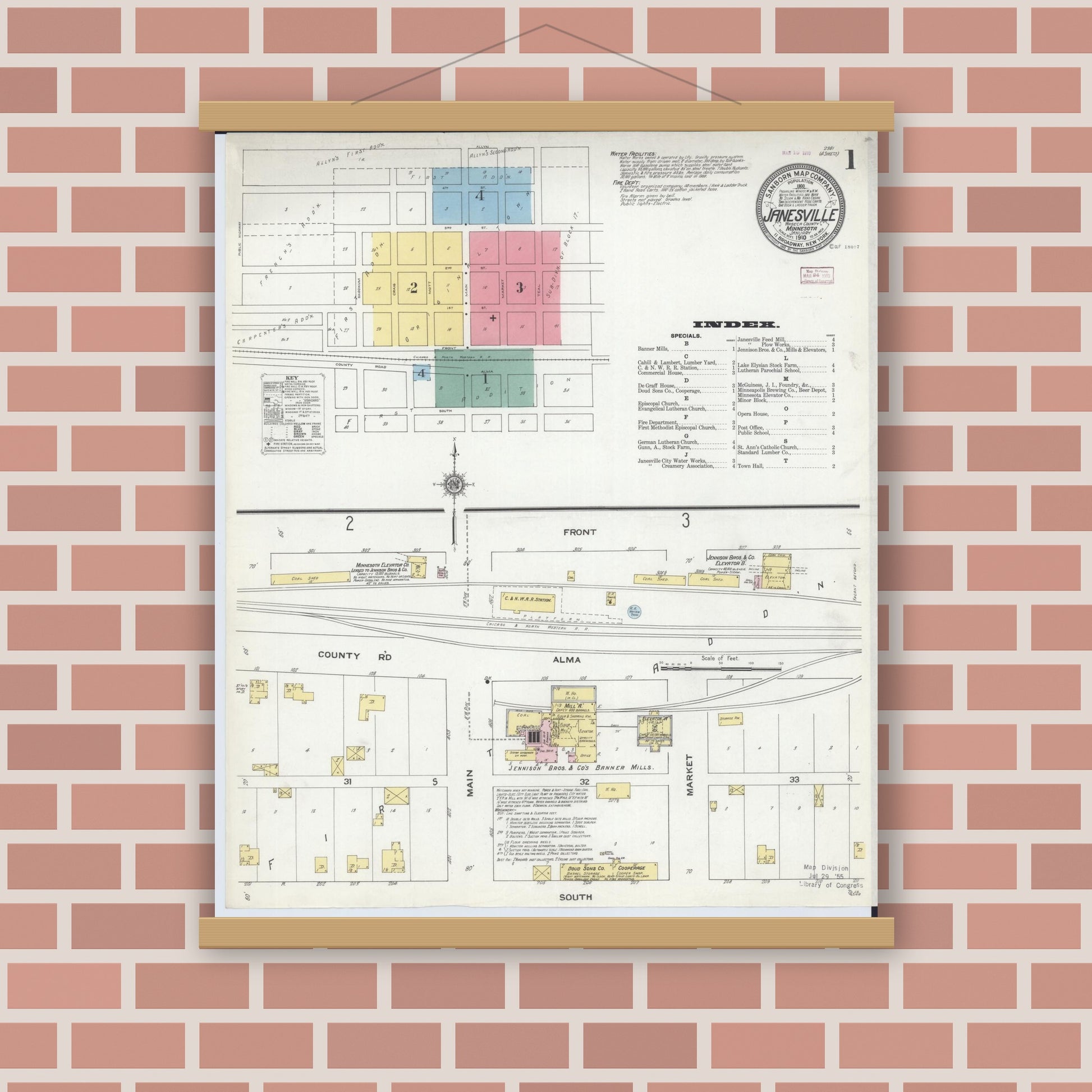 Old map wall art mockup — magnetic wood frame on brick wall — Sanborn Fire Insurance Map from Janesville, Waseca County, Minnesota (1910) - Complete Map Set