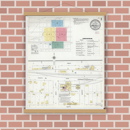 Old map wall art mockup — magnetic wood frame on brick wall — Sanborn Fire Insurance Map from Janesville, Waseca County, Minnesota (1910) - Complete Map Set