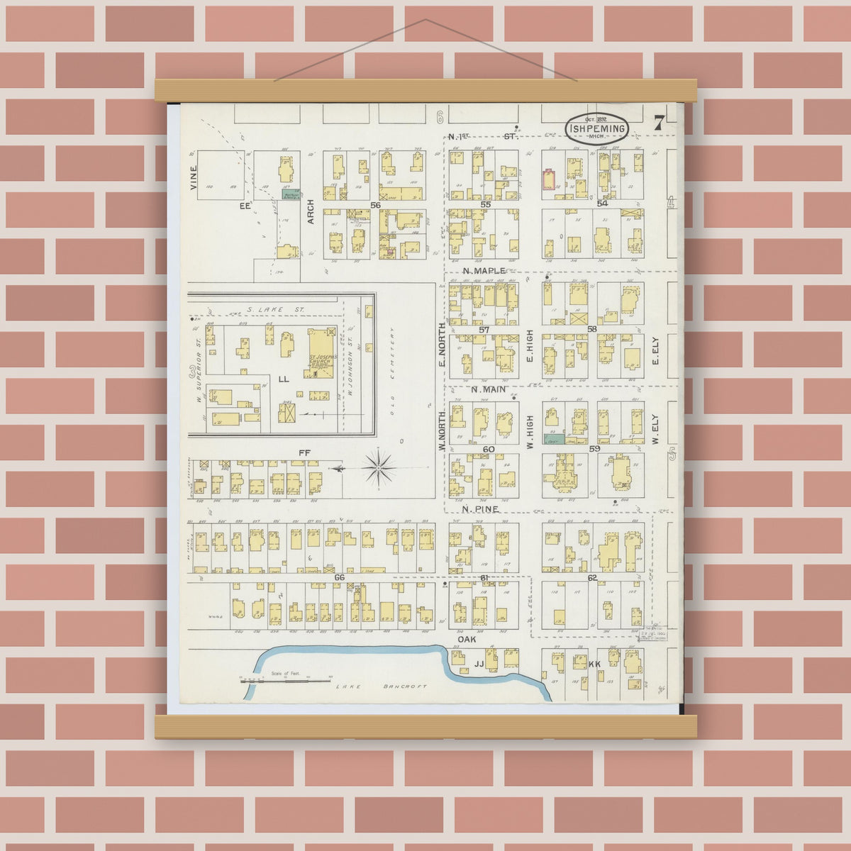 Old map wall art mockup — magnetic wood frame on brick wall — Sanborn Fire Insurance Map from Ishpeming, Marquette County, Michigan (1892), Sheet #0007