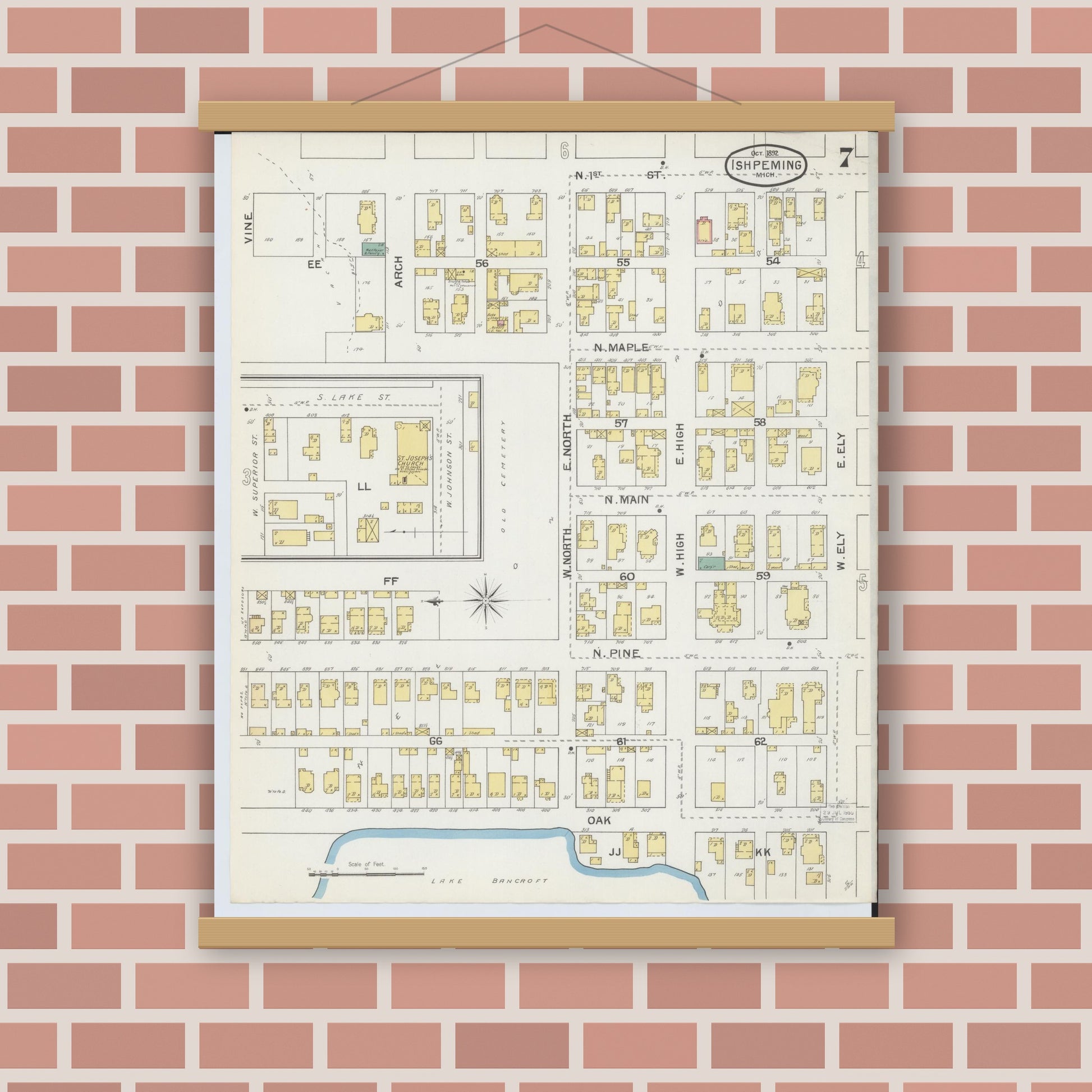 Old map wall art mockup — magnetic wood frame on brick wall — Sanborn Fire Insurance Map from Ishpeming, Marquette County, Michigan (1892), Sheet #0007
