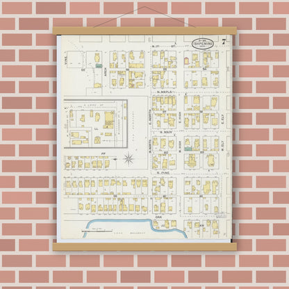 Old map wall art mockup — magnetic wood frame on brick wall — Sanborn Fire Insurance Map from Ishpeming, Marquette County, Michigan (1892), Sheet #0007