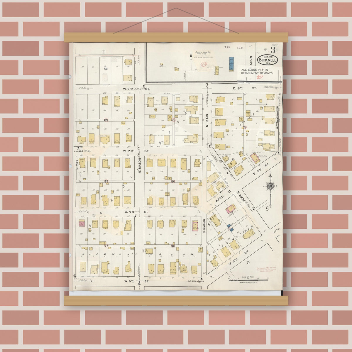 Old map wall art mockup — magnetic wood frame on brick wall — Sanborn Fire Insurance Map from Bicknell, Knox County, Indiana (1946), Sheet #0003