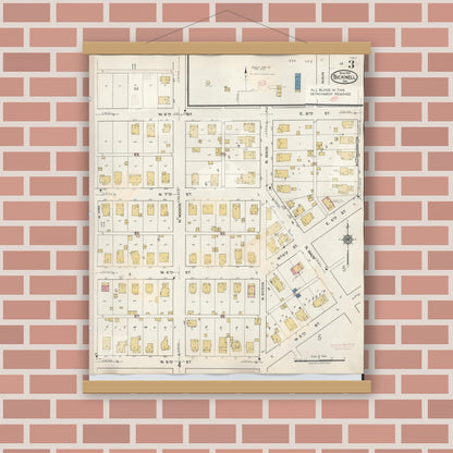 Old map wall art mockup — magnetic wood frame on brick wall — Sanborn Fire Insurance Map from Bicknell, Knox County, Indiana (1946), Sheet #0003