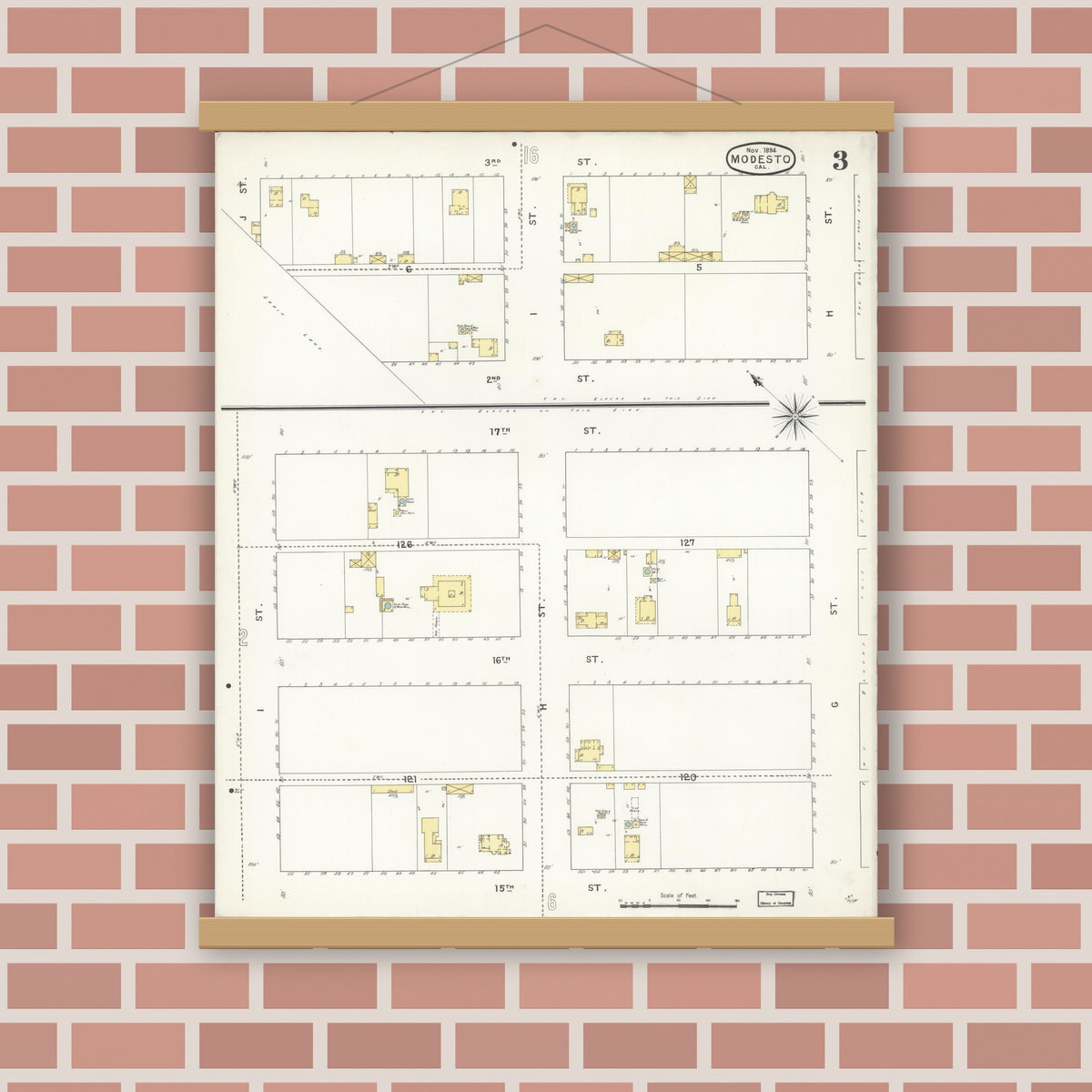 Old map wall art mockup — magnetic wood frame on brick wall — Sanborn Fire Insurance Map from Modesto, Stanislaus County, California (1894), Sheet #0003