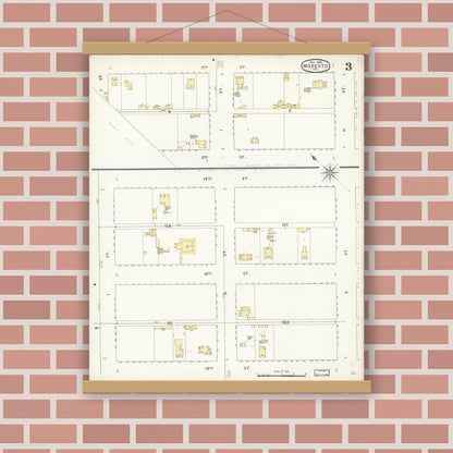 Old map wall art mockup — magnetic wood frame on brick wall — Sanborn Fire Insurance Map from Modesto, Stanislaus County, California (1894), Sheet #0003