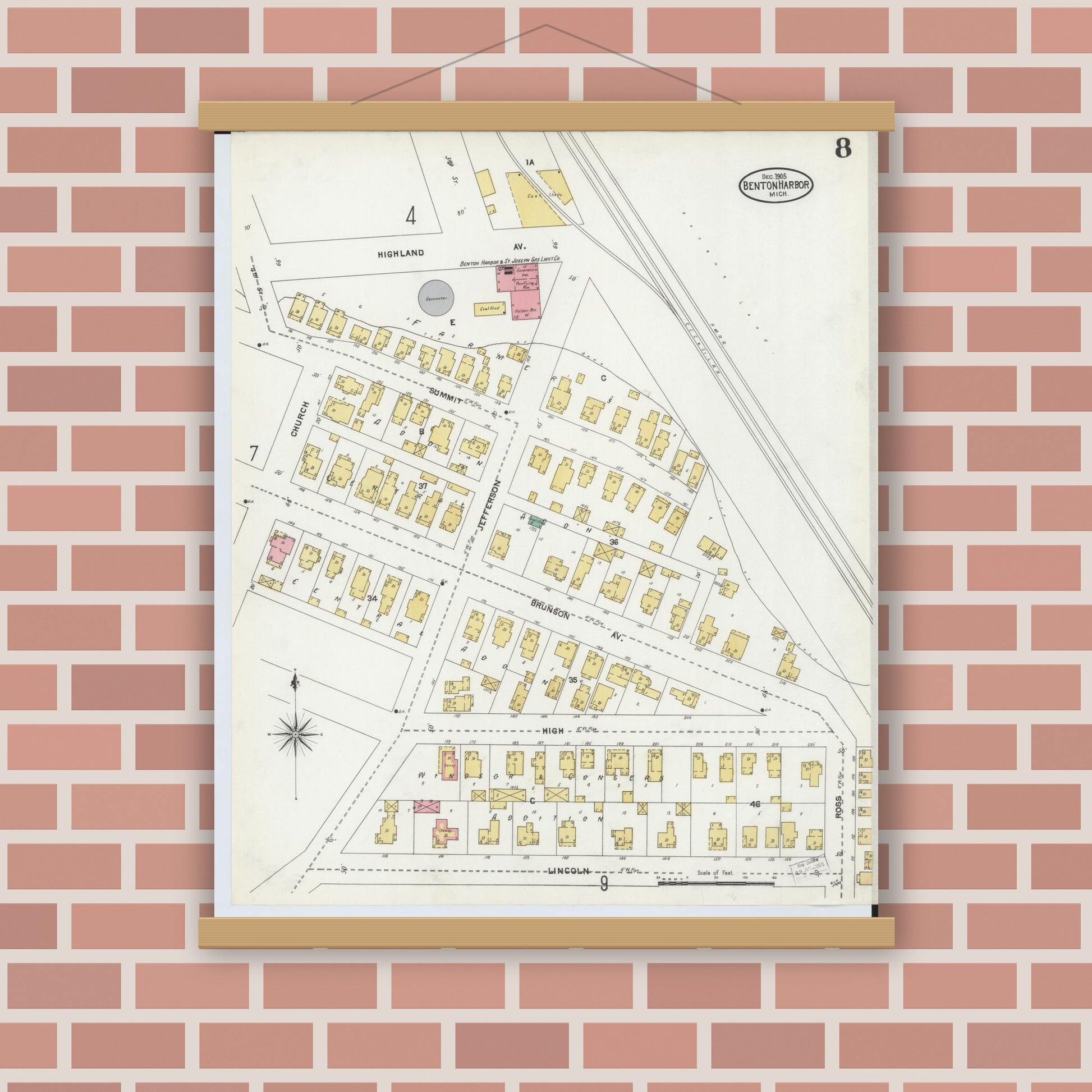Old map wall art mockup — magnetic wood frame on brick wall — Sanborn Fire Insurance Map from Benton Harbor, Berrien County, Michigan (1905), Sheet #0008
